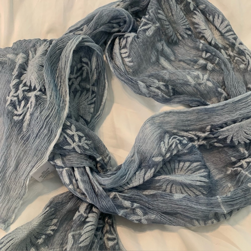 Sheer Long Embroidered Floral Scarf Light Blue Womens Wrap Shawl